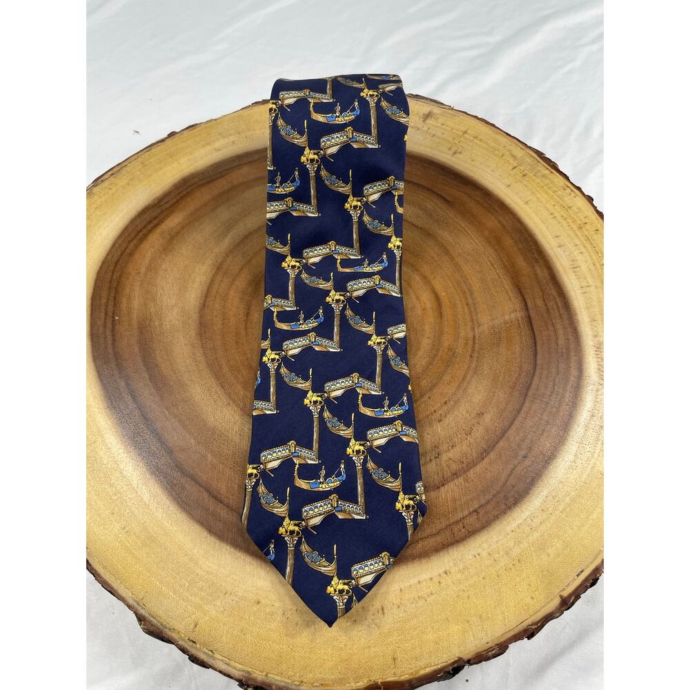 San Marco 1290 Venezia Vintage 90s Silk Tie Italian Gondola Venice Navy Blue OS